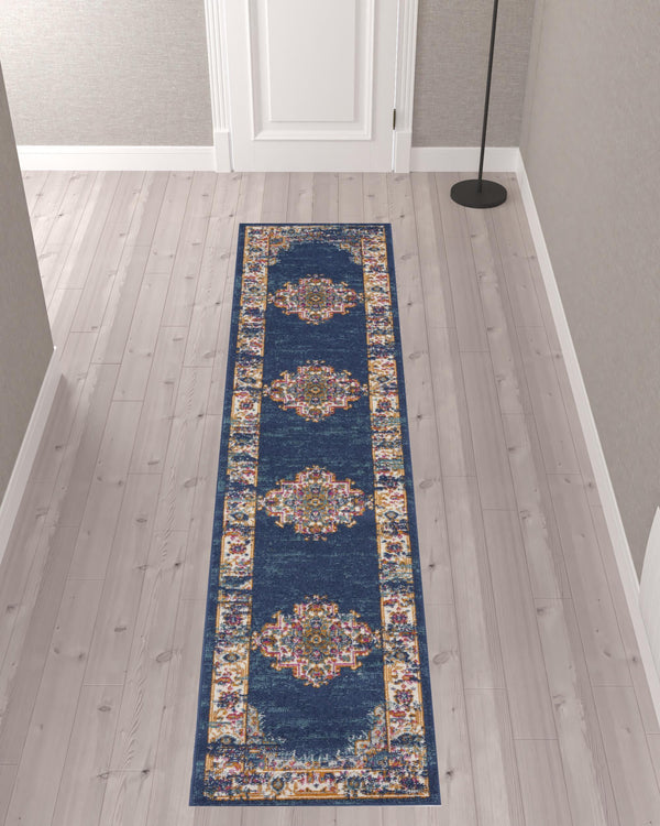 Homeroots 10' Blue And Ivory Oriental Power Loom Distressed Runner Rug  Polypropylene 527729