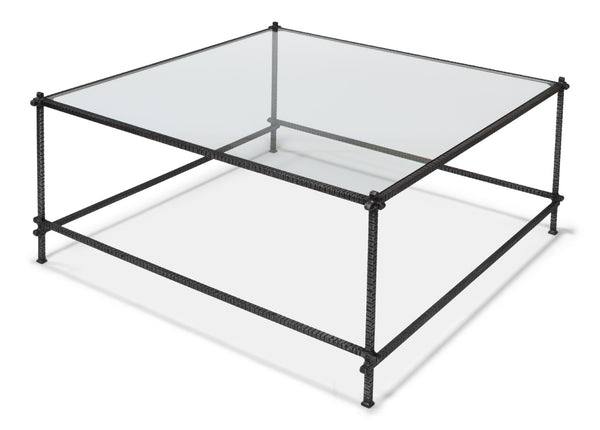Sarreid Serrated Edge Iron Coffee Table With 1/2" Tempered Glass Top - Handcrafted Solid Iron Design White  52772