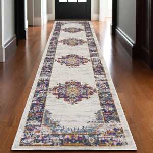 Homeroots 10' Runner Blue And Ivory Oriental Power Loom Distressed Runner Rug  Polypropylene 527730