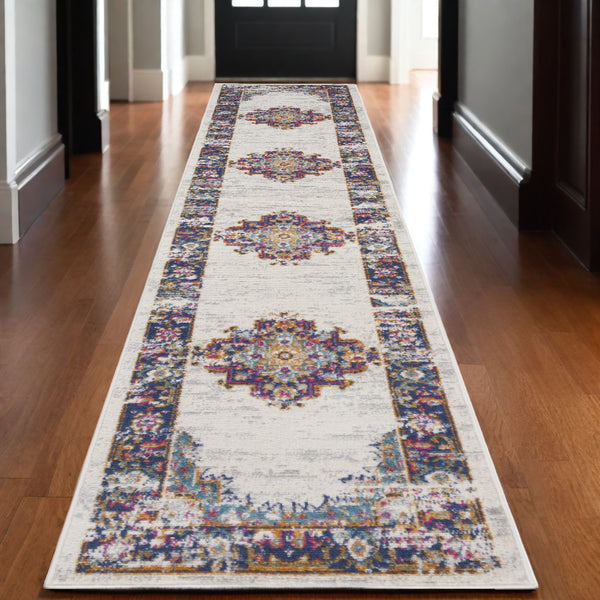 Homeroots 10' Runner Blue And Ivory Oriental Power Loom Distressed Runner Rug  Polypropylene 527730