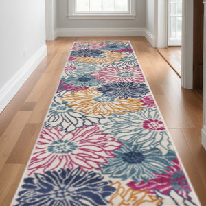 Homeroots 10' Runner Ivory And Blue Floral Power Loom Runner Rug  Polypropylene 527731