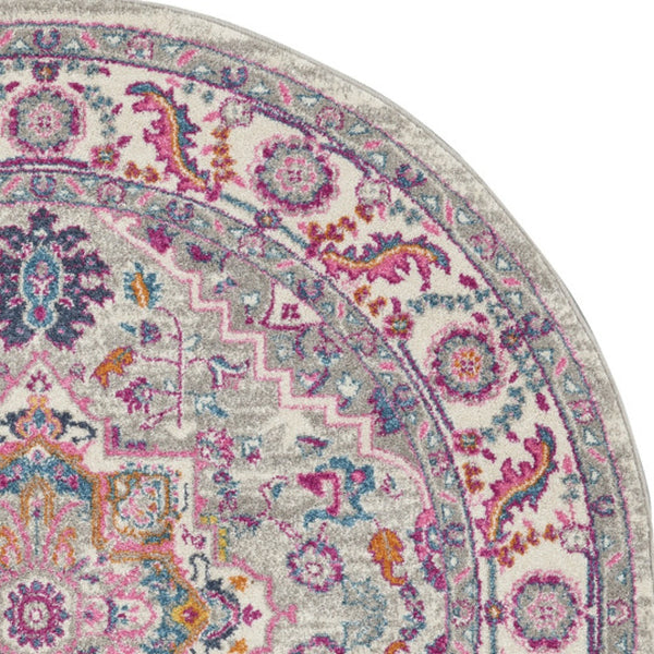 Homeroots 5' Gray Round Floral Power Loom Area Rug  Polypropylene 527732
