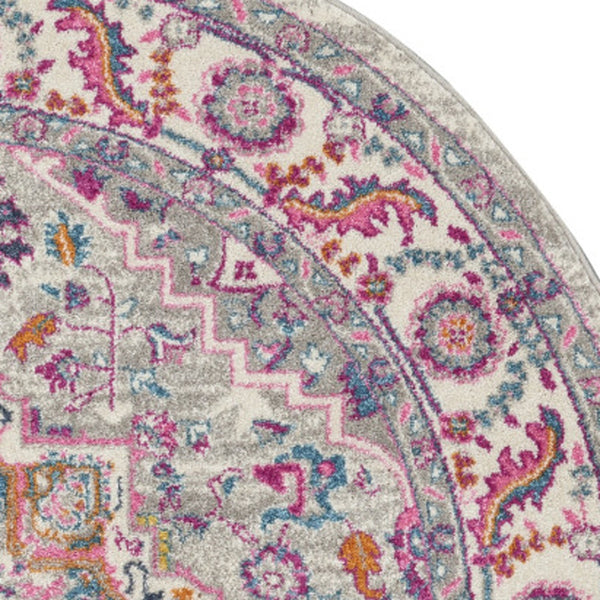 Homeroots 5' Gray Round Floral Power Loom Area Rug  Polypropylene 527732