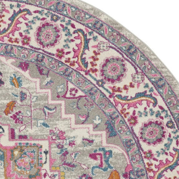 HomeRoots 5' Gray Floral Power Loom Area Rug - Elegant Design for Modern and Traditional Spaces, Durable & Stylish 8' Round Round 527734