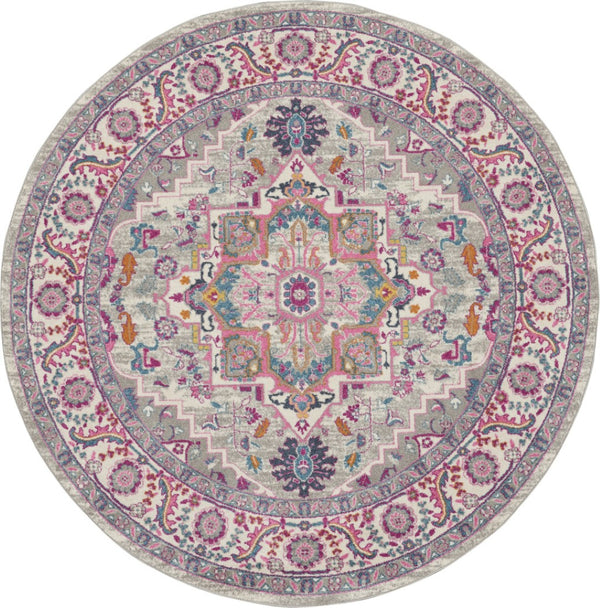 HomeRoots 5' Gray Floral Power Loom Area Rug - Elegant Design for Modern and Traditional Spaces, Durable & Stylish 8' Round Round 527734