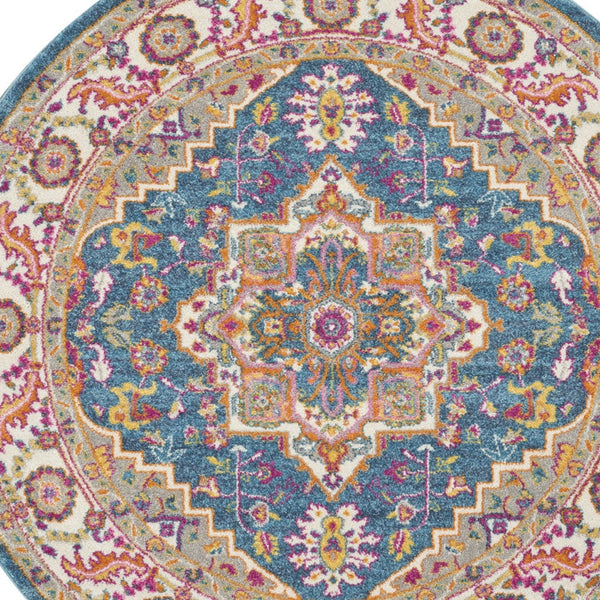 Homeroots 5' Gray Round Floral Power Loom Area Rug  Polypropylene 527736