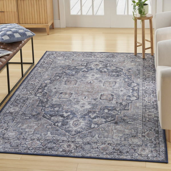 HomeRoots 5' Blue and Pink Floral Distressed Area Rug – Vintage Charm, Durable, Machine-Washable Design 5' X 7' 527747