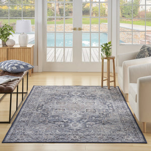 HomeRoots 5' Blue and Pink Floral Distressed Area Rug – Vintage Charm, Durable, Machine-Washable Design 5' X 7' 527747