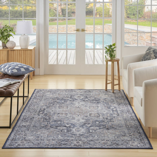 HomeRoots 5' Blue and Pink Floral Distressed Area Rug – Vintage Charm, Durable, Machine-Washable Design 5' X 7' 527747