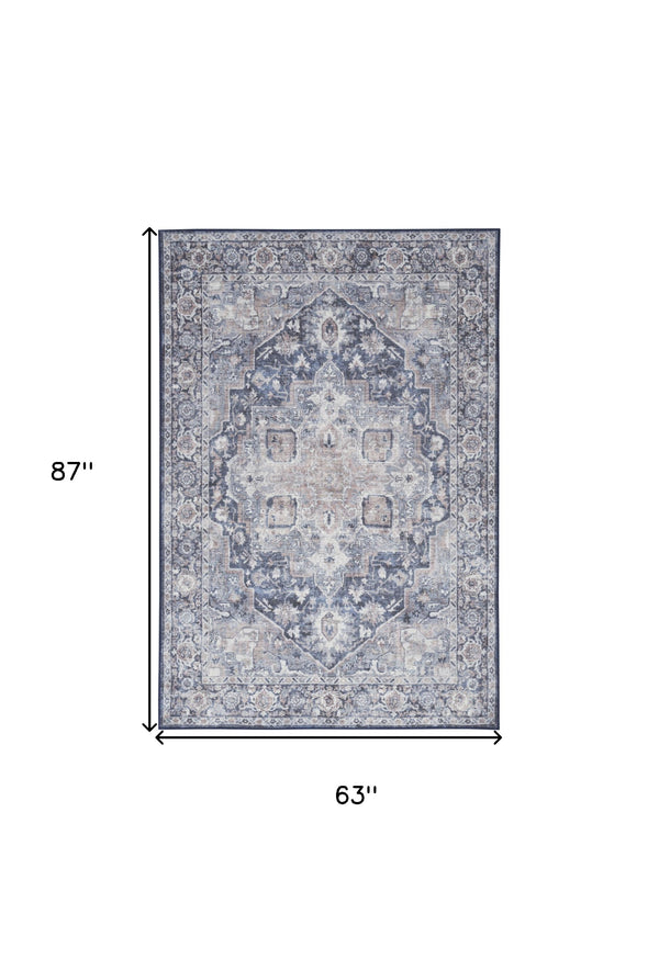 Homeroots 5' X 7' Blue And Pink Floral Power Loom Distressed Washable Area Rug  Polyester 527747
