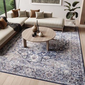 HomeRoots 5' Blue and Pink Floral Distressed Area Rug – Vintage Charm, Durable, Machine-Washable Design 8' X 10' 527748