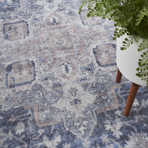 HomeRoots 5' Blue and Pink Floral Distressed Area Rug – Vintage Charm, Durable, Machine-Washable Design 6' X 9' 527749