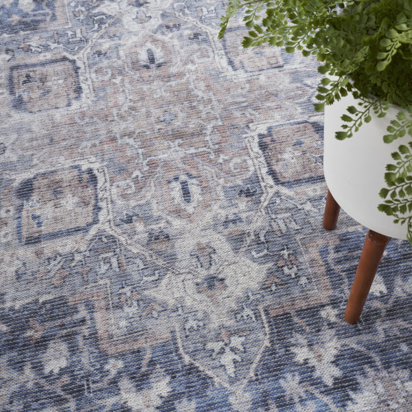HomeRoots 5' Blue and Pink Floral Distressed Area Rug – Vintage Charm, Durable, Machine-Washable Design 6' X 9' 527749