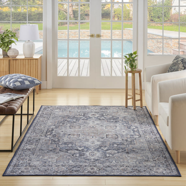 Homeroots 6' X 9' Blue And Pink Floral Power Loom Distressed Washable Area Rug  Polyester 527749