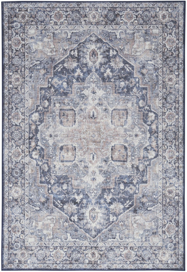 HomeRoots 5' Blue and Pink Floral Distressed Area Rug – Vintage Charm, Durable, Machine-Washable Design 6' X 9' 527749
