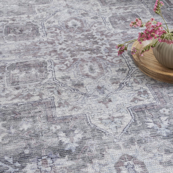 HomeRoots 8' Floral Power Loom Distressed Area Rug - Vintage Blue & Pink Design, Washable for Easy Care 8' X 10' 527756