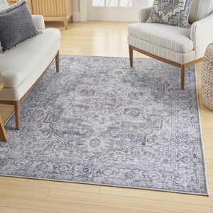 HomeRoots 8' Floral Power Loom Distressed Area Rug - Vintage Blue & Pink Design, Washable for Easy Care 5' X 7' 527757