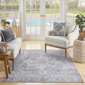 HomeRoots 8' Floral Power Loom Distressed Area Rug - Vintage Blue & Pink Design, Washable for Easy Care 5' X 7' 527757