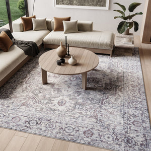 HomeRoots 8' Floral Power Loom Distressed Area Rug - Vintage Blue & Pink Design, Washable for Easy Care 6' X 9' 527758