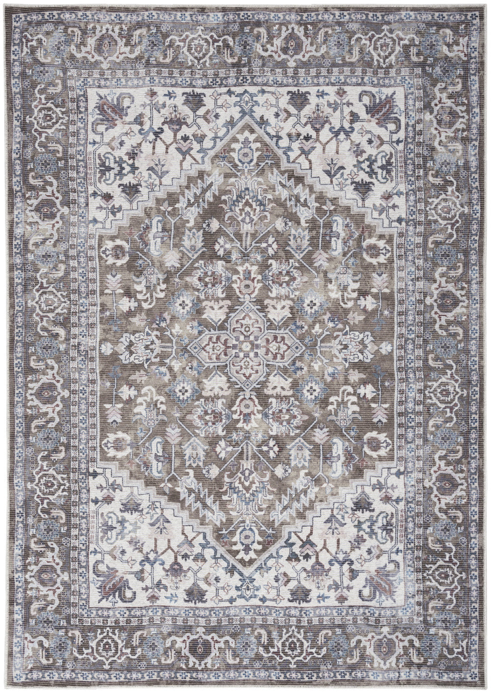 Homeroots 6' X 9' Gray Ivory And Blue Floral Distressed Washable Area Rug  Polyester 527767