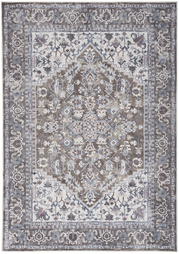 Homeroots 8' X 10' Gray Ivory And Blue Floral Distressed Washable Area Rug  Polyester 527768