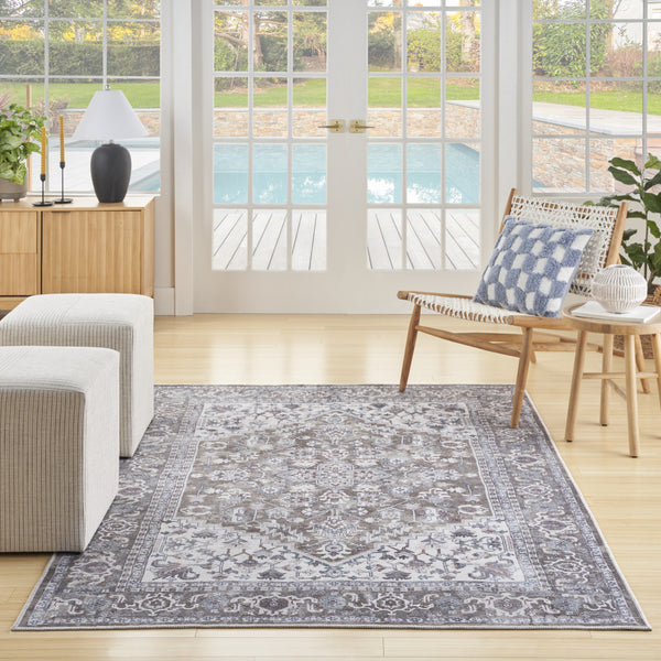 Homeroots 8' X 10' Gray Ivory And Blue Floral Distressed Washable Area Rug  Polyester 527768