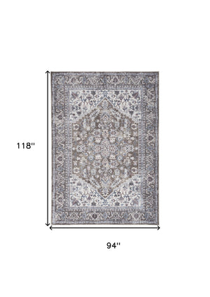 Homeroots 8' X 10' Gray Ivory And Blue Floral Distressed Washable Area Rug  Polyester 527768