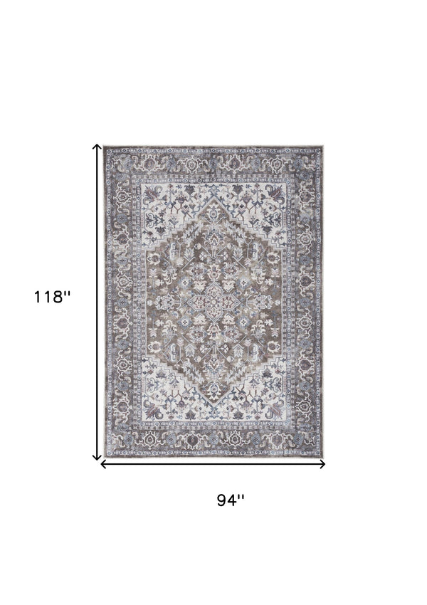Homeroots 8' X 10' Gray Ivory And Blue Floral Distressed Washable Area Rug  Polyester 527768