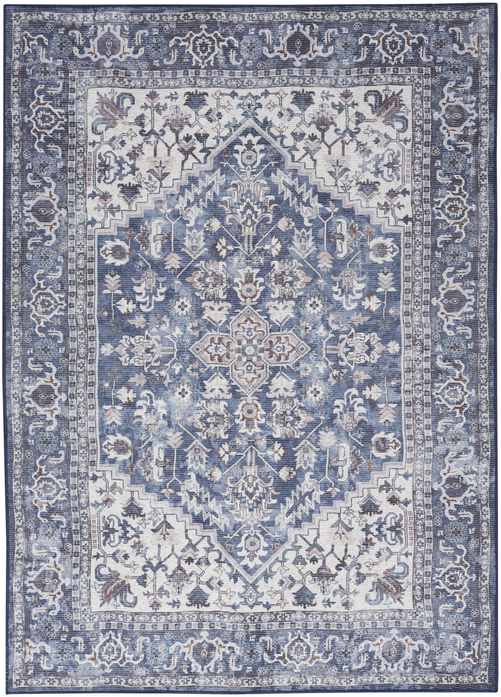 Homeroots 5' X 7' Gray Ivory And Blue Floral Power Loom Distressed Washable Area Rug  Polyester 527769