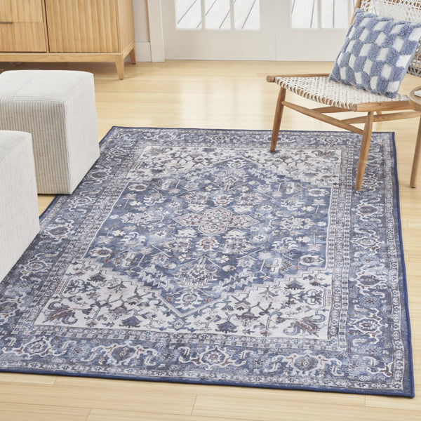 HomeRoots 5' Elegant Distressed Floral Area Rug in Navy Blue, Ivory & Gray - Washable, Durable, Chic Design 5' X 7' 527769