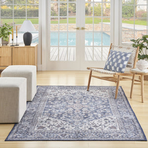 HomeRoots 5' Elegant Distressed Floral Area Rug in Navy Blue, Ivory & Gray - Washable, Durable, Chic Design 5' X 7' 527769