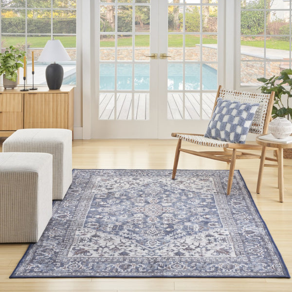 HomeRoots 5' Elegant Distressed Floral Area Rug in Navy Blue, Ivory & Gray - Washable, Durable, Chic Design 5' X 7' 527769