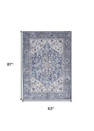 Homeroots 5' X 7' Gray Ivory And Blue Floral Power Loom Distressed Washable Area Rug  Polyester 527769