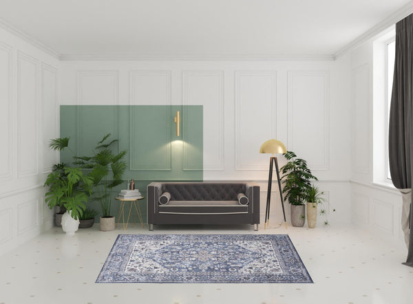 HomeRoots 5' Elegant Distressed Floral Area Rug in Navy Blue, Ivory & Gray - Washable, Durable, Chic Design 6' X 9' 527770