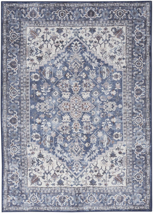 HomeRoots 5' Elegant Distressed Floral Area Rug in Navy Blue, Ivory & Gray - Washable, Durable, Chic Design 8' X 10' 527771