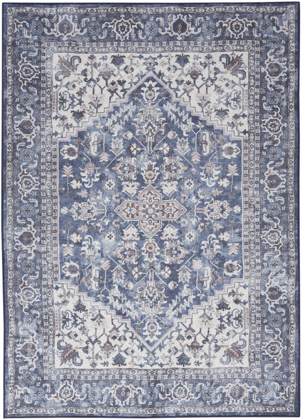 HomeRoots 5' Elegant Distressed Floral Area Rug in Navy Blue, Ivory & Gray - Washable, Durable, Chic Design 8' X 10' 527771