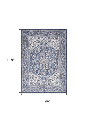 Homeroots 8' X 10' Gray Ivory And Blue Floral Distressed Washable Area Rug  Polyester 527771