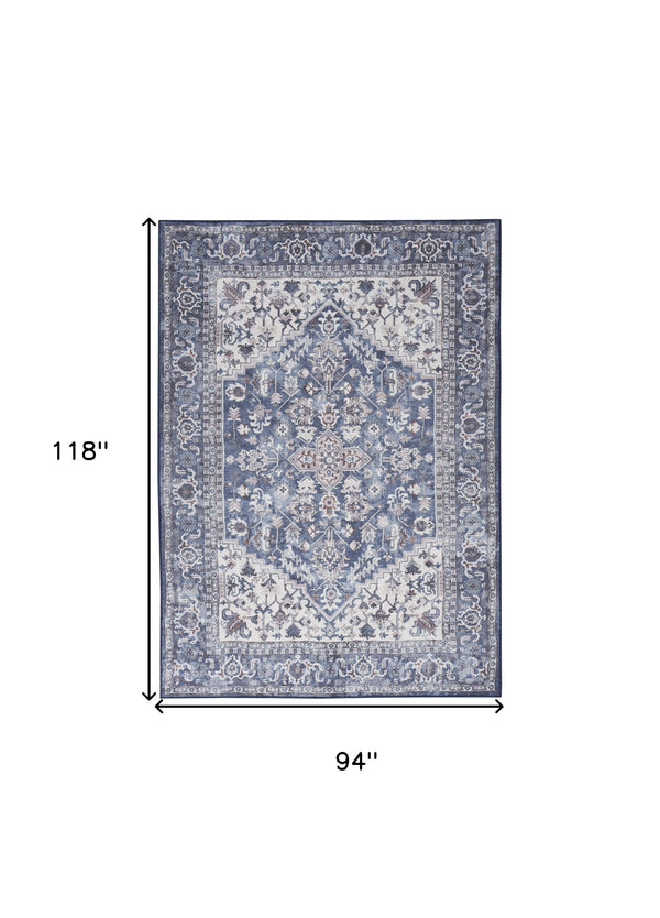 Homeroots 8' X 10' Gray Ivory And Blue Floral Distressed Washable Area Rug  Polyester 527771