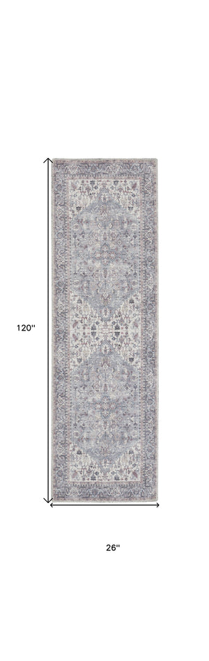Homeroots 10' Gray Floral Power Loom Distressed Washable Runner Rug  Polyester 527773