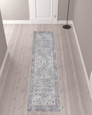 Homeroots 10' Gray Floral Power Loom Distressed Washable Runner Rug  Polyester 527773