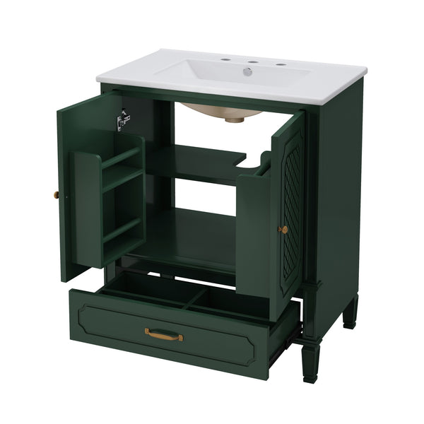 English Elm Christopher Knight Home® - 30" Bathroom Vanity with Sink Vintage Acacia Frame Ceramic Basin Soft-Close Doors & Storage Green N759P313313F