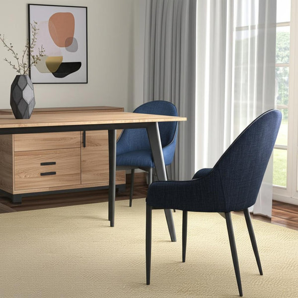 HomeRoots Set of Two Stylish Blue and Black Upholstered Arm Chairs with Metal Legs for Modern Dining Spaces 527822