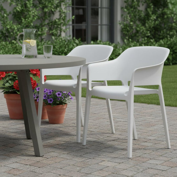 HomeRoots Set of Two Stylish Heavy-Duty White Plastic Stacking Chairs for Outdoor Dining & Relaxation 527833