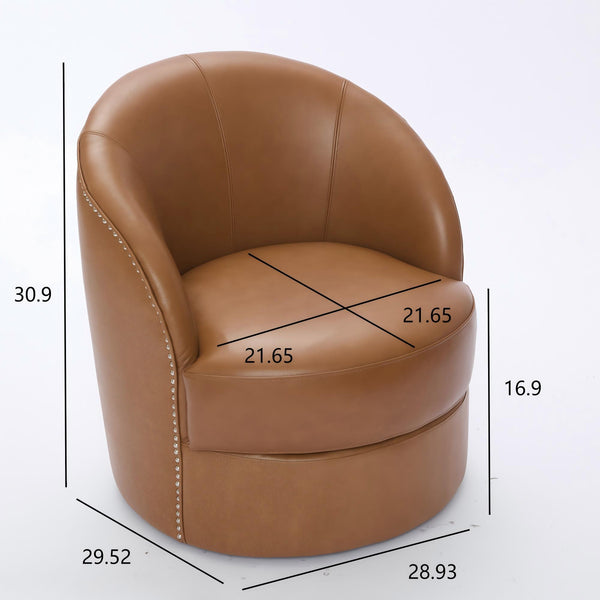 English Elm Light Brown Top-Grain Leather Swivel Accent Chair with 360° Smooth Spin, Rivet Detail, Sturdy 150kg Base W570P386949