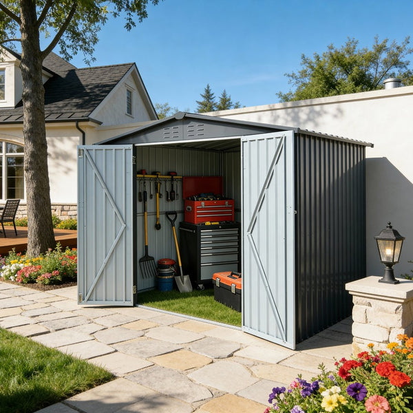 English Elm Metal Galvanized Steel Outdoor Shed with Double Doors for Backyard Tool Storage W5006S00001