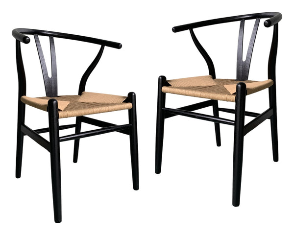 HomeRoots Set of Two Black Solid Wood Wishbone Back Chairs - Stylish Scandinavian Design for Modern Spaces 527901