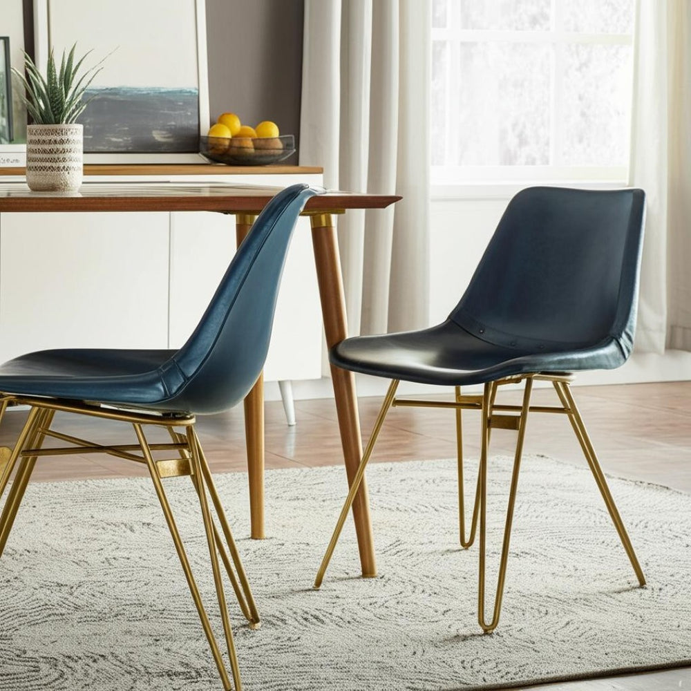 HomeRoots Set of Two Elegant Blue and Gold Leather Dining Chairs - Modern Accent Seating for Any Space 527907