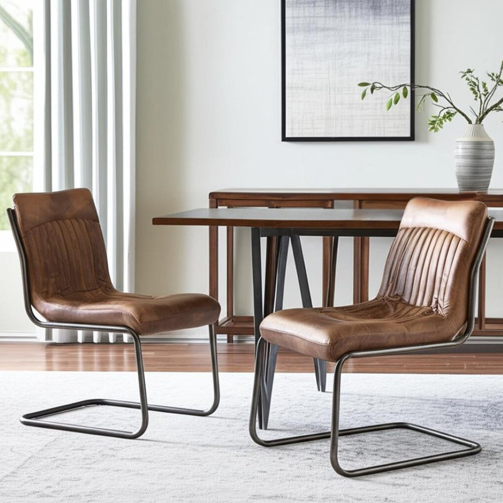 HomeRoots Set of Two Industrial Brown Leather and Iron Dining Chairs - Stylish Accent Seating for Any Room 527909