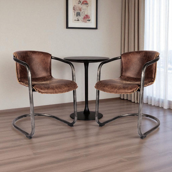 HomeRoots Set of Two Elegant Brown & Silver Upholstered Leather Dining Arm Chairs for Stylish Comfort 527910