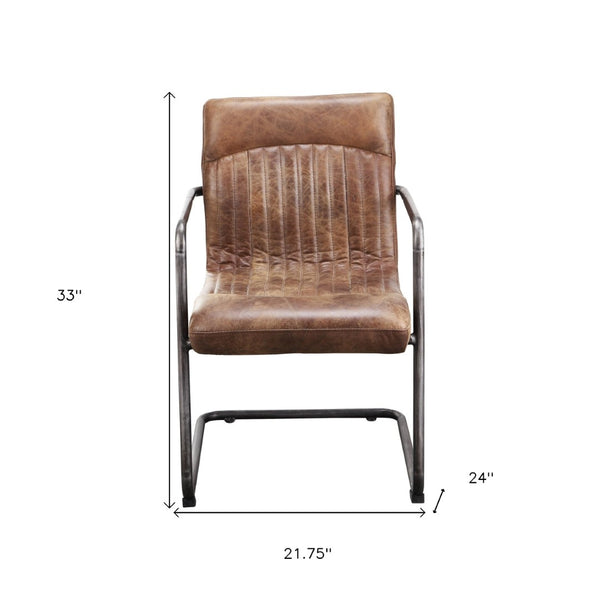 HomeRoots Set of Two Elegant Brown Leather & Iron Dining Arm Chairs for Versatile Home Comfort & Style 527912